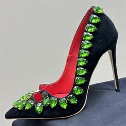2024 Summer Pointy Toe Green Rhinestone Stilettos Women Real Leather Crystal High Heel Shoes Designer Fashion Party Pumps