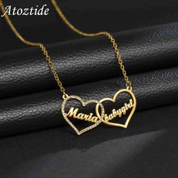 Pendant Necklaces Atoztide Customised Double Hearts Name Necklace Stainless Steel Letter Summer Choker Necklace Pendant for Women Couple Gift