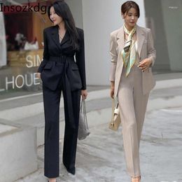 Women's Two Piece Pants Insozkdg Suit Solid Lace-up Professional Blazers Wide Leg Straight Trousers Vintage Casual Set Female Outfits