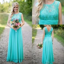 2019 Cheap Country Turquoise Mint Bridesmaid Dresses Illusion Neck Lace Beaded Top Chiffon Long Plus Size Maid of Honour Wedding Pa188C