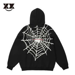 Men's Jackets Mens Vintage Spider Web Letter Print Hooded Zip Up Jacket Unisex Hip Hop Harajuku Streetwear Cotton Coats Unisex Hooded JacketH24123