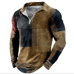 2024 Summer Men's Polo Shirt Fashion 3d Printing Casual Tshirt Lapel Zipper Long Sleeve Top Slim Breathable 240118