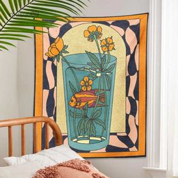 Tapestries Vintage Inspired Tapestry Wall Hanging Psychedelic vase goldfish flower Decor Minimalist Print Bohemian Art Wall Decor Mural