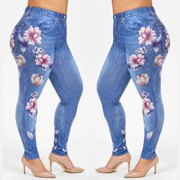 Fashion Faux Denim Leggings Plus Size Women Street Casual Print High Waist Trousers Oversized Sexy Slim Elastic Skinny Pants 240119