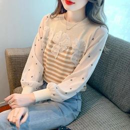 Women's Sweaters Autumn And Winter Fashionable Round Neck Striped Patchwork Studded Beads Versatile Long Sleeved Loose T-shirt Tops