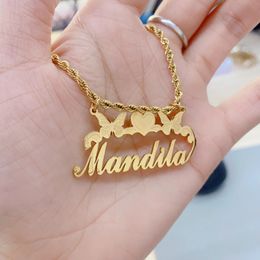 Bracelets Qitian Custom Removable Pendant Name Necklace With Butterfly Gold Stainless Steel Nameplate Names Necklaces For Women Kid Gift