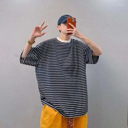 Men's T Shirts Cotton Striped Short Sleeve Hit Color O Neck Oversized Men Arrival Korean Casual Clothing Fitted Tops Streetwear