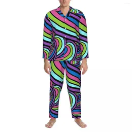 Men's Sleepwear Pyjamas Man Retro Geometric 60S 70S Daily Art 2 Pieces Vintage Pyjama Sets Long Sleeve Oversized Home Suit