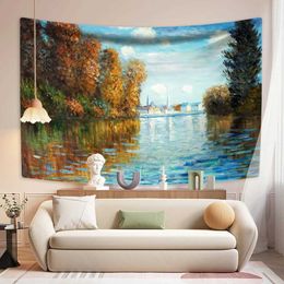 Tapestries XxDeco Monet Impressionism Oil Painting Tapestry Water Lily Printed Room Decors Aesthetic Wall Hanging Living Room BackgroundL240123