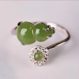 Cluster Rings Design Silver Inlaid Natural Hetian Green Chalcedony Gourd Opening Adjustable Ring China Retro Charm Ladies Jewelry