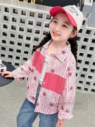 2024 Spring girls floral printed shirt kids stripe lapel single breasted long sleeve out wear shirt children casual clothes Z6850