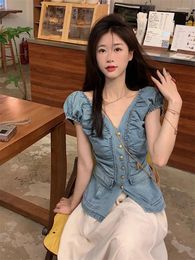 Women's Blouses Korean Blouse Women V-neck Sleeveless Tunic Summer Shirts 2024 Blusas Mujer De Moda Slim Waist Folds Pocket Chic Y2k Tops