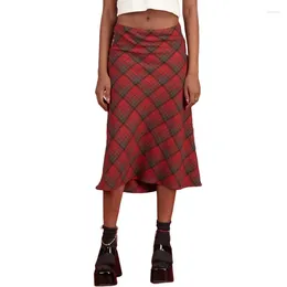 Skirts 90s Plaid High Waist Brown Midi Vintage Indie Aesthetics Printing A-Line Long Skirt Y2K E-Girls Streetwear 2024 Summer