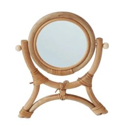 Mirrors Hand Woven Table Makeup Mirror with Stand Rack Natural Rattan Dressing Retro Desktop Mirror Vertical Flip Handmade Round