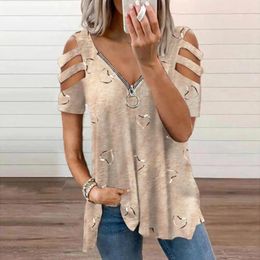 Women's Blouses Women Summer Cold Shoulder V-Neck Zipper Printed Hollow Out T-Shirt Ladies Casual Loose Blouse Tunic Tops High Quality