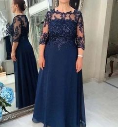 Navy-Blue Mother Of The Bride Dress Plus Size A-line 3/4 Sleeves Chiffon Lace Appliques Beaded Groom Evening Gown For Wedding