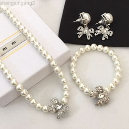 24SS Designer Miui Miui Earring Miao Family's New 21 Bow Knot Pearl Necklace Women's Bracelet with High Quality and Temperament Ins Style Sweet Diamond Clavicle Chain