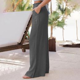 Women's Pants With Pockets Casual Elastic Waisted Cotton Blended Palazzo Solid Colour Loose Fit Vacation Outfit