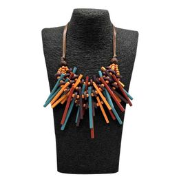 Pendant Necklaces Vintage Women Necklace Multilayer Colorful Geometric Handmade Charming Personality Boho Tassel Wood Beaded Bib Necklace