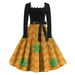 Casual Dresses Women's Fashion Square Neck Long Sleeve St. Patrick's Day Printed Vintage Flowy Vestidos Ropa De Mujer