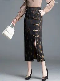 Skirts ZUZK Spring Autumn Jacquard Skirt Chinese Style Fashion Vintage 2024 Elastic Waist Satin Slim Fit Split One Step
