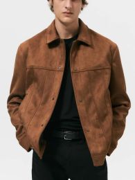 QNPQYX Nuove giacche da uomo moda cappotto in pelle scamosciata bavero autunno tinta unita giacca vintage da uomo per uomo
