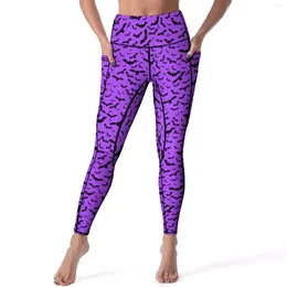 Women's Leggings Black Bats Sexy Halloween Print Running Yoga Pants High Waist Elastic Sports Tights Pockets Elegant Custom Leggins