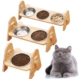 Feeders Bamboo Elevated Puppy Cat Bowls with Stand Adjustable RaisedCat Food Water Bowls Holder Rabbit Feeder for Small Medium Pet with