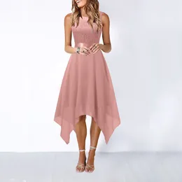 Casual Dresses Women's Solid Colour Temperament Sleeveless Gown Elegant Lace Chiffon Splicing Dress Irregular Hem Bow Belt Party