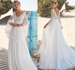 Fabuloso laço flare mangas cheias vestidos de casamento para mulheres boho praia país v pescoço uma linha chiffon vestidos de noiva trem varredura plus size sem costas robes de mariee cl3240