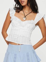 Women's Tanks Women Cute Crop Top Y2K Lace Ruffles Sleeve Camisole Sexy Backless Tie Up Vest Summer Blouses Sweet Streetwear