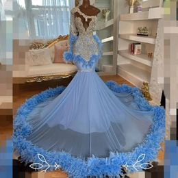 Baby Blue Prom Dresses For Black Girl 2024 Sparkly Diamond Feather Mermaid Evening Gowns One Shoulder Long Sleeve