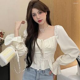 Women's Blouses Elegant Blouse Women Slim Waist Long Sleeve White Blusas De Mujer Square Collar Bandage Crop Tops Fashion Ruffles Korean