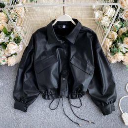 Women's Jackets Vintage BF Style Casual Loose PU Leather Jacket Coat Street Drawstring Large Pocket Slim Short Motorcycle