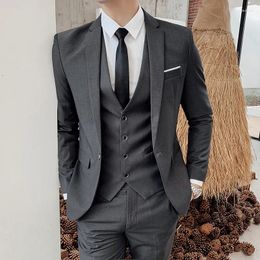 Men's Suits Blazers Jacket Pants Vest 3 Pcs Set / 2024 Fashion Casual Boutique Business Solid Color Slim Dress Suit Coat Trousers