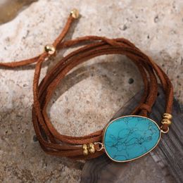 Charm Bracelets Vintage Multilayer Rope Leather For Women Men Bohemian Big Geometric Natural Stone Bracelet Female Male Jewelry