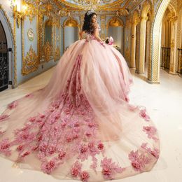 Pink Ball Gown Quinceanera Dress 2024 3D Floral Appliques Beads Crystal Princess Tulle Vestidos De 15 Anos Birthday Party Sweet 16 Dress