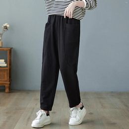 Women's Pants Korean Autumn Clothes 2024 Spring Summer Casual Cotton Linen Elastic Waist Solid Women Retro Loose Harem With Pocket