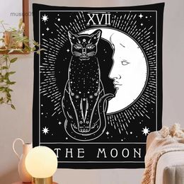 Tapestries Tarot Cat on Moon Psychedelic Tapestry Wall Hanging Black White Mysterious Divination Witchcraft Tapestries Hippie Decor