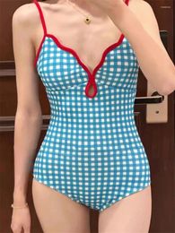 Women's Swimwear Red Scalloped Rim Swimsuit Sexy Women Blue Plaid 2024 Swim Bathing Suit One Piece Summer Beachwear Monokini