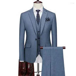 Men's Suits Jacket Vest Pants / 2024 High Quality Men Slim Suit Formal Business Groom Wedding Social Dress Blue Grey High-end Casual Tuxedo