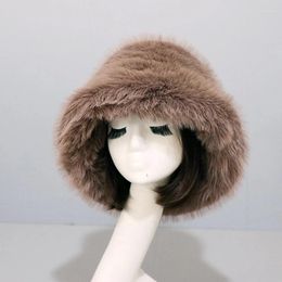 Berets Fashion Faux Fur Bucket Hat Women Imitation Warm Cap Russian Luxury Fluffy Panama Fisherman