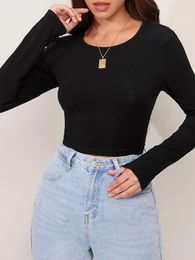 Women's T Shirts Women Autumn Long Sleeve T-shirts Slim Fit Cropped Tops Solid Colour Round Neck Show Navel Basic T-Shirt Spring Female