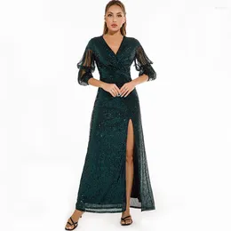 Casual Dresses Beauty-Emily Sexy Vintage Green V-neck Sequin Dress High Split Long Evening Vestidos De Fiesta Noche