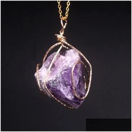 Pendant Necklaces Goldtone Plating Rock Irregar Shape Stone Genuine Quartz Charm Necklace Steel Wire Wrapped Drop Delivery Dhhl6