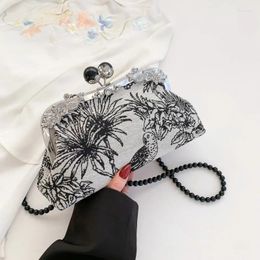 Evening Bags Black Embroidery Flower Print Bag For Women Retro Fashion Chinese Style Prom Party Clutches Beaded Chain Shoulder