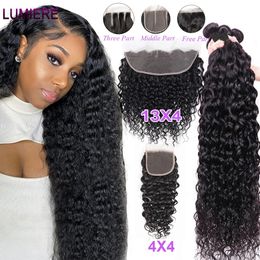 32 40 inch Water Wave Bundles with Closure Peruvian Deep Hair Weave Bundles with Frontal HD Transparent Lace Closure And Bundle 240118