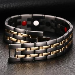 Bracelets Vinterly Health Mens Hand Chain Black Double Row Gold Color Bio Magnetic Bracelet 15mm Wide Stainless Steel Bracelets For Man