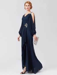 Elegant A Line Mother of the Bride Dress 2024 Navy Blue V Neck Beading Pleat Luxury Chiffon Wedding Guest Floor Length Gowns Robe De Soiree