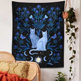 Tapestries Blue thistle cat tapestry wall hanging psychedelic leaf flower divination home black cool decorationL240123